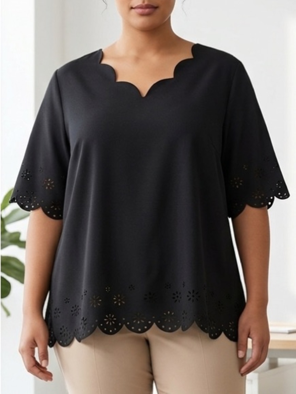 SHEIN Curve Black Laser Cut Eyelet Scalloped V-Neck Blouse Top 2XL Plus Size EUC